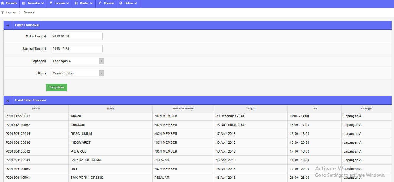 Tampilan Software Futsal Amanah Solution 1