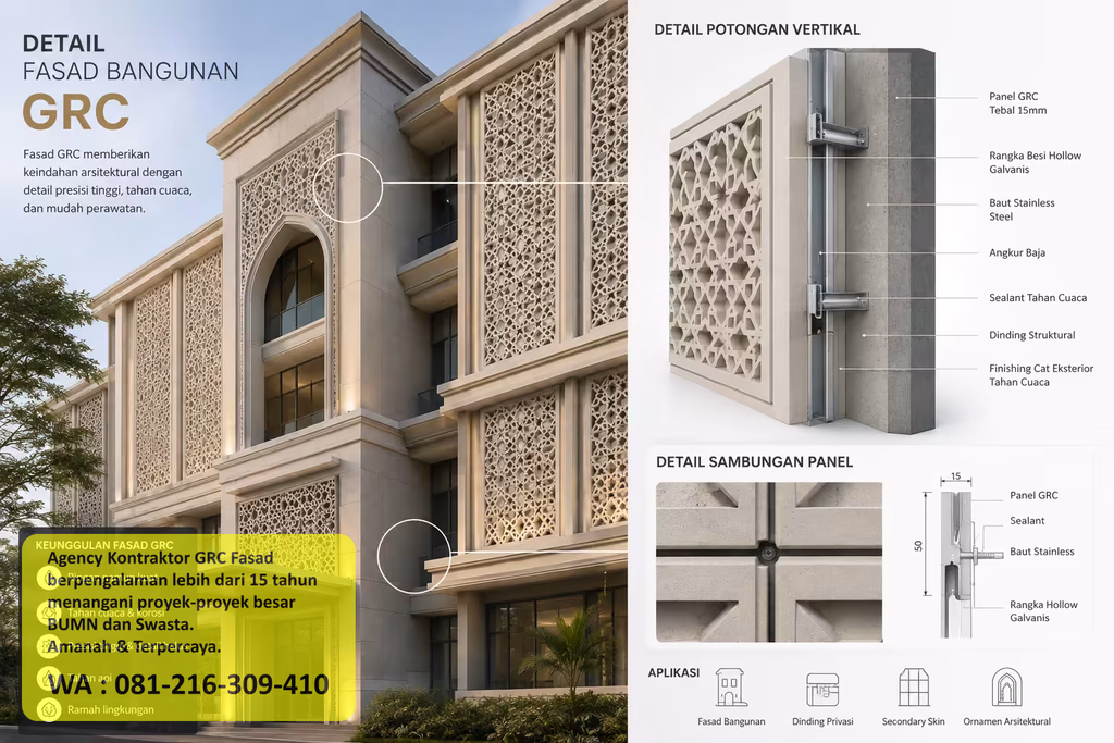 Pemasangan panel cladding GRC pada tampak depan gedung bertingkat
