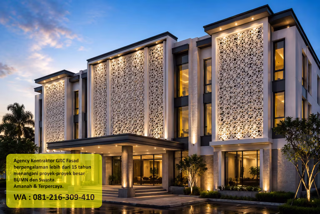 Panel GRC pracetak sebelum dipasang sebagai cladding fasad