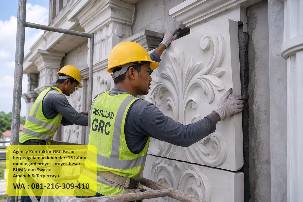Pekerja GRC bangunan menyiapkan pemasangan panel