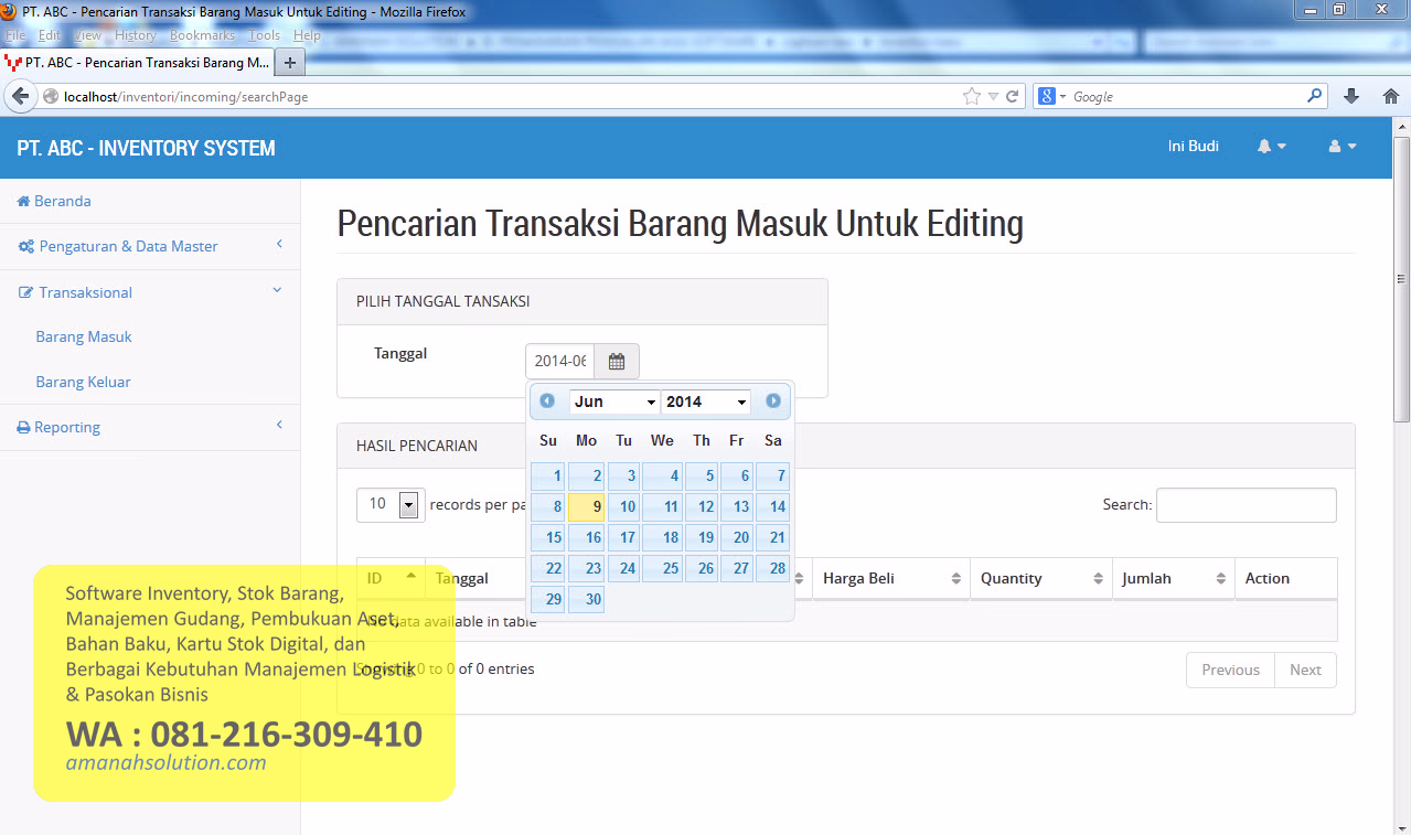 Interface entry data tanggal pada software inventory custom untuk transaksi gudang