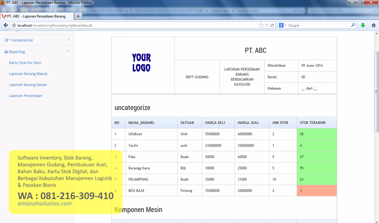 Kartu stok bahan baku pada software inventory custom untuk manufaktur