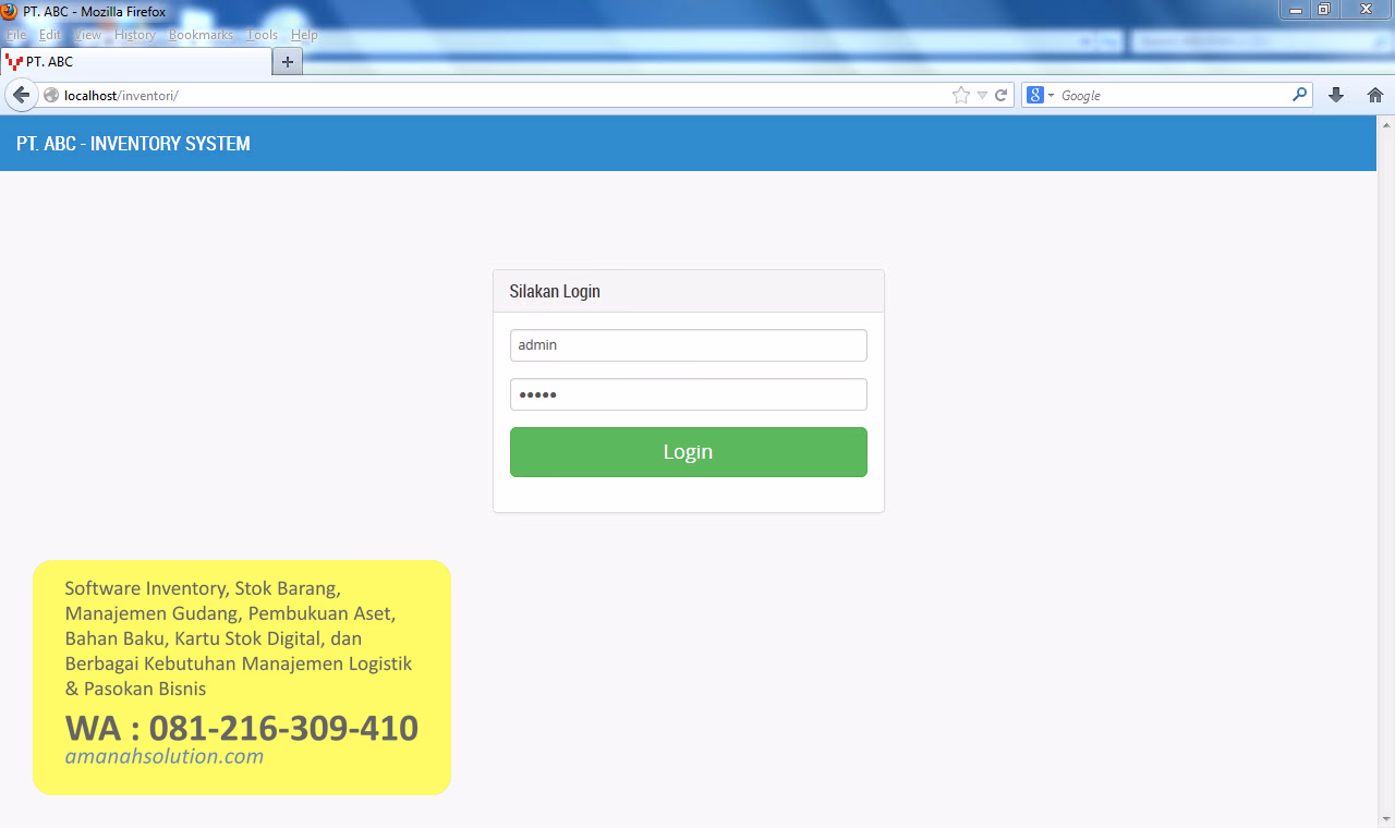 Halaman login software manajemen inventori gudang bahan baku untuk keamanan akses