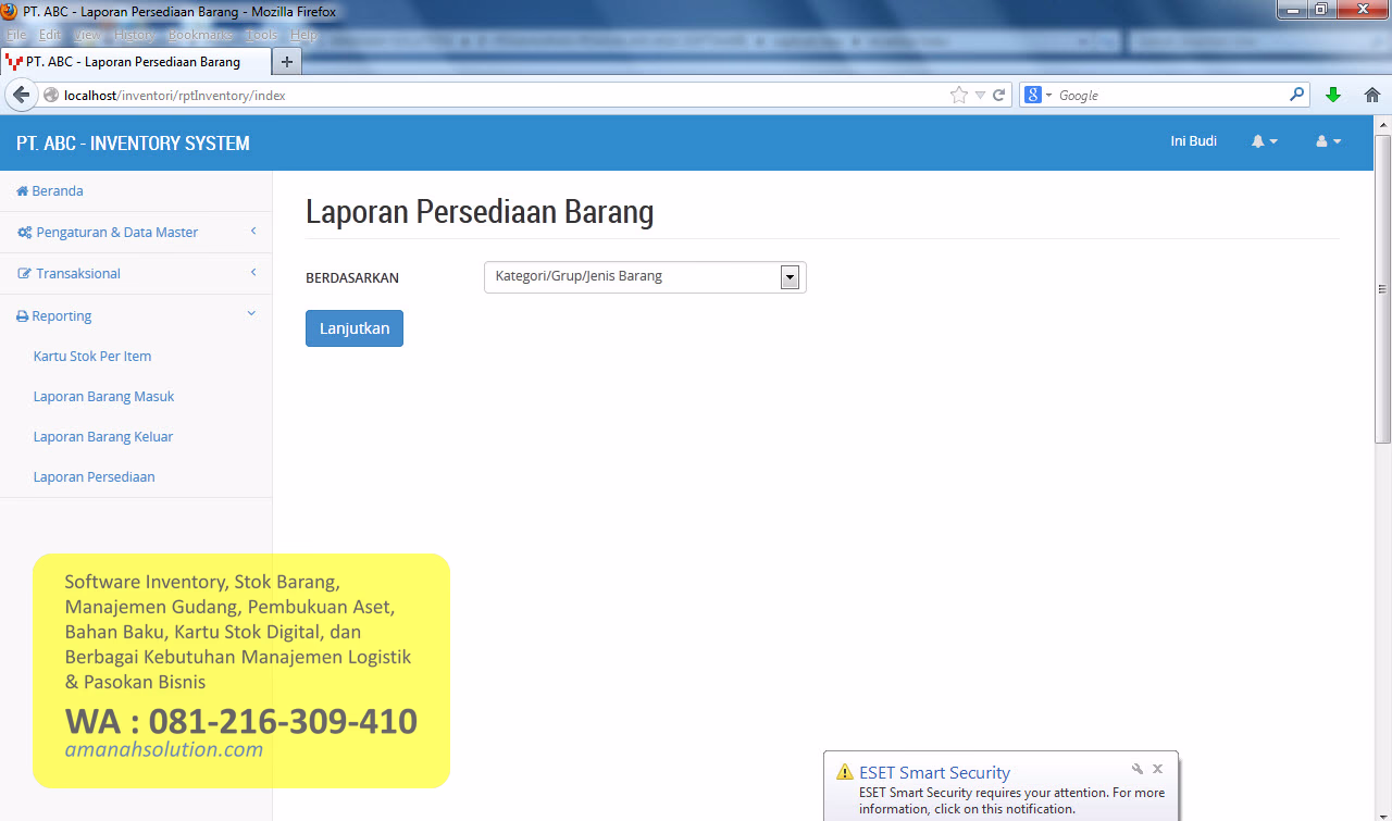 Fitur pencarian komponen pada software manajemen inventori gudang bahan baku berdasarkan kode dan kategori