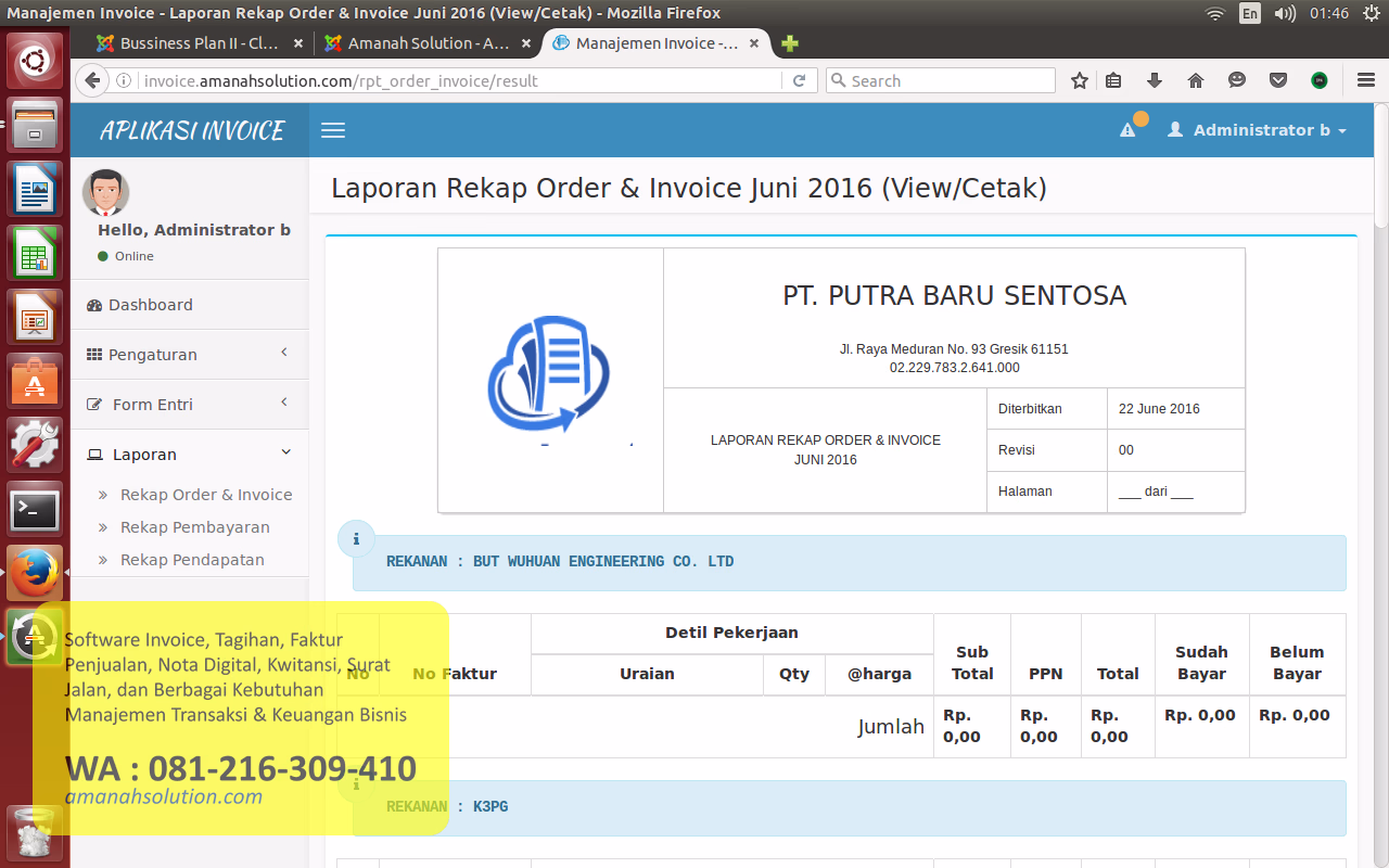 Dashboard software invoice outsourcing subkon untuk monitoring faktur