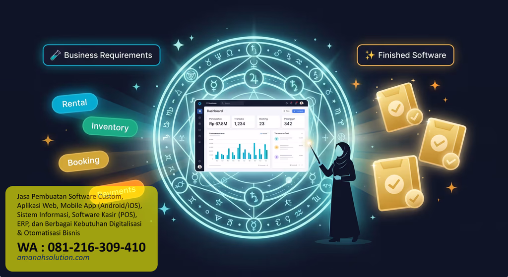 Developer mengembangkan software bisnis ERP di kantor