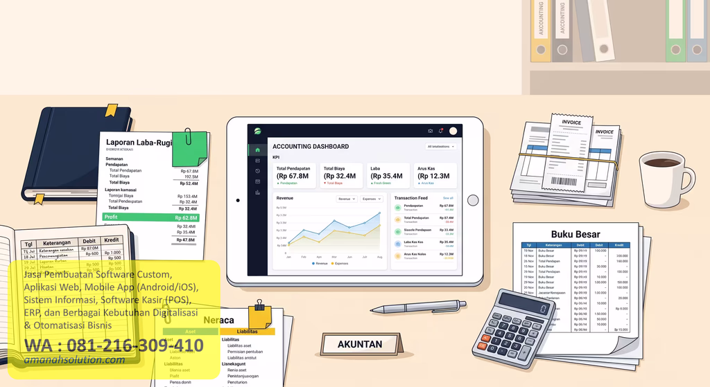 Dashboard software akuntansi usaha dengan tampilan jurnal transaksi dan laporan keuangan real-time