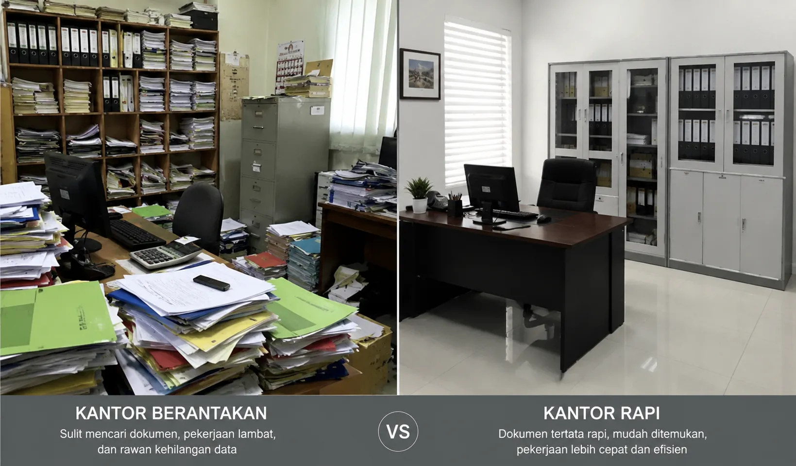 Perbandingan Kantor Berantakan vs Kantor dengan Lemari Arsip Besi