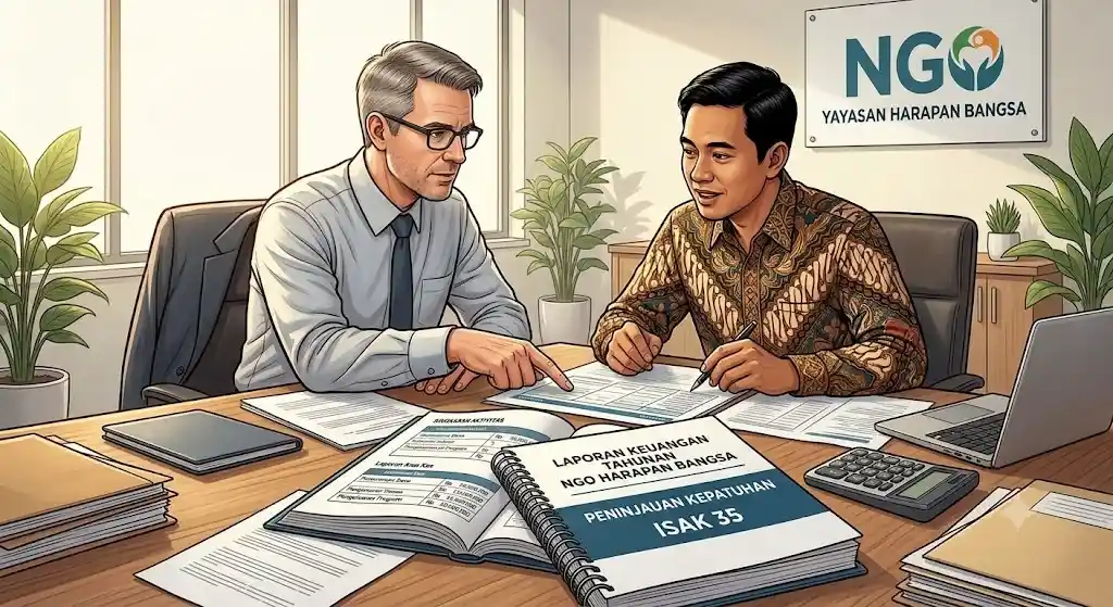 Ilustrasi Auditor Internasional dan Pengurus NGO Sedang Meninjau Laporan Keuangan ISAK 35