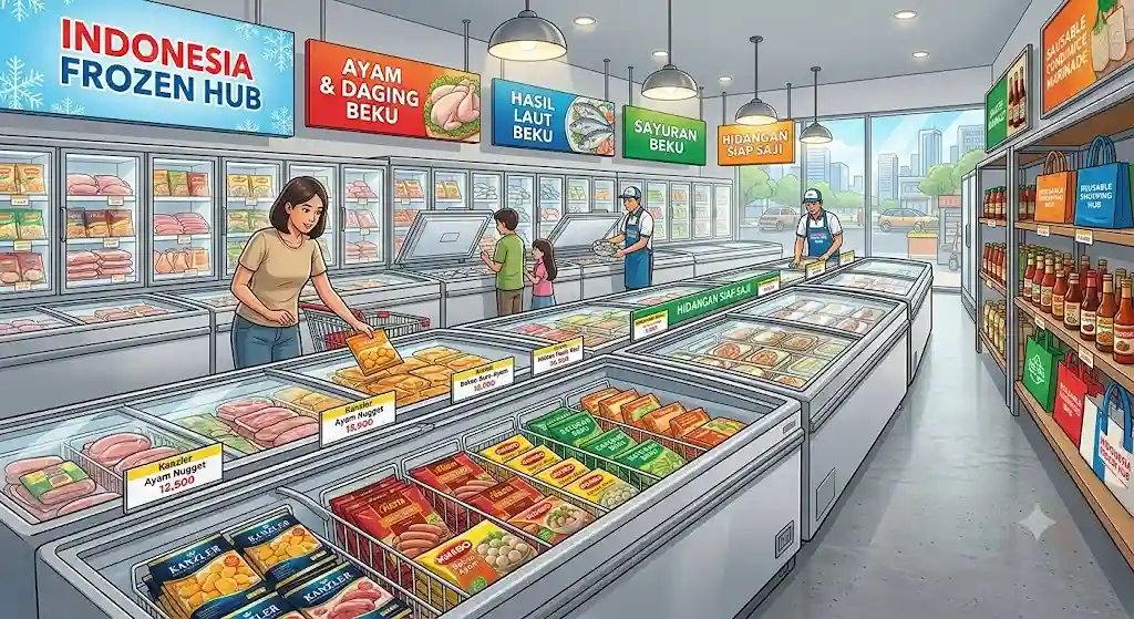Ilustrasi Toko Ritel Frozen Food Modern dengan Mesin Pendingin Chest Freezer Terbuka