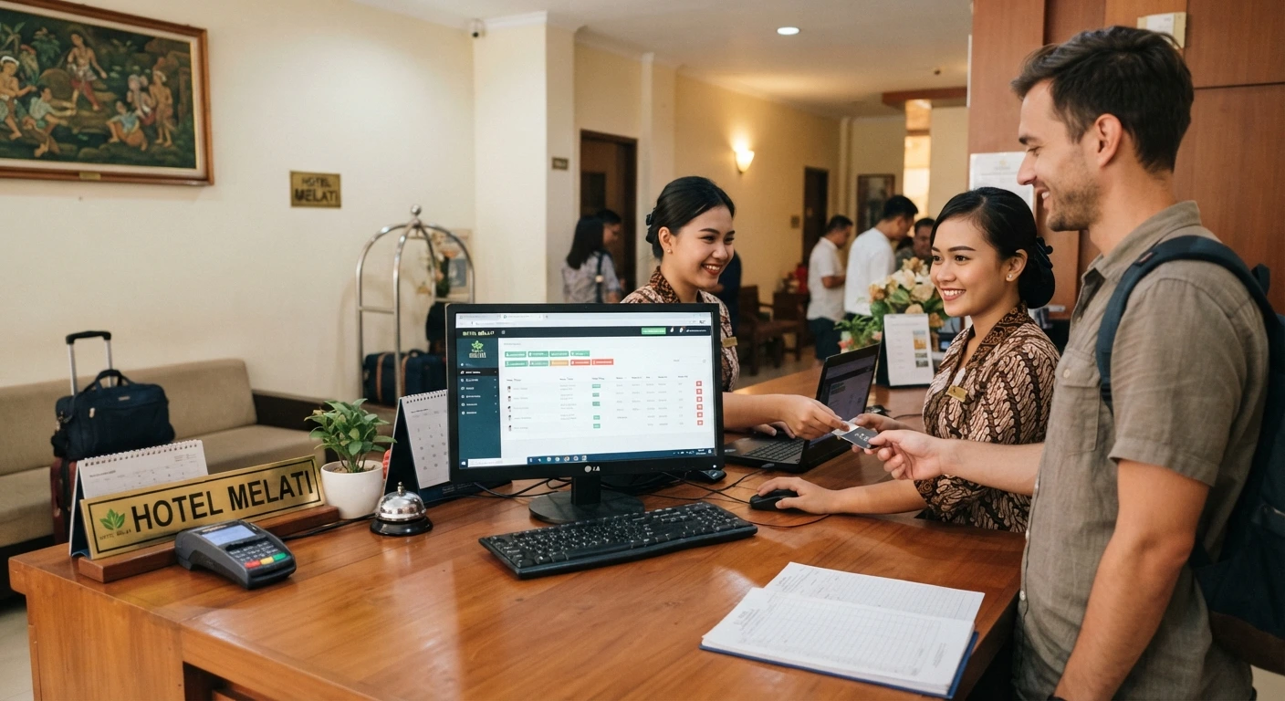 Suasana resepsionis hotel melati yang menggunakan sistem komputerisasi