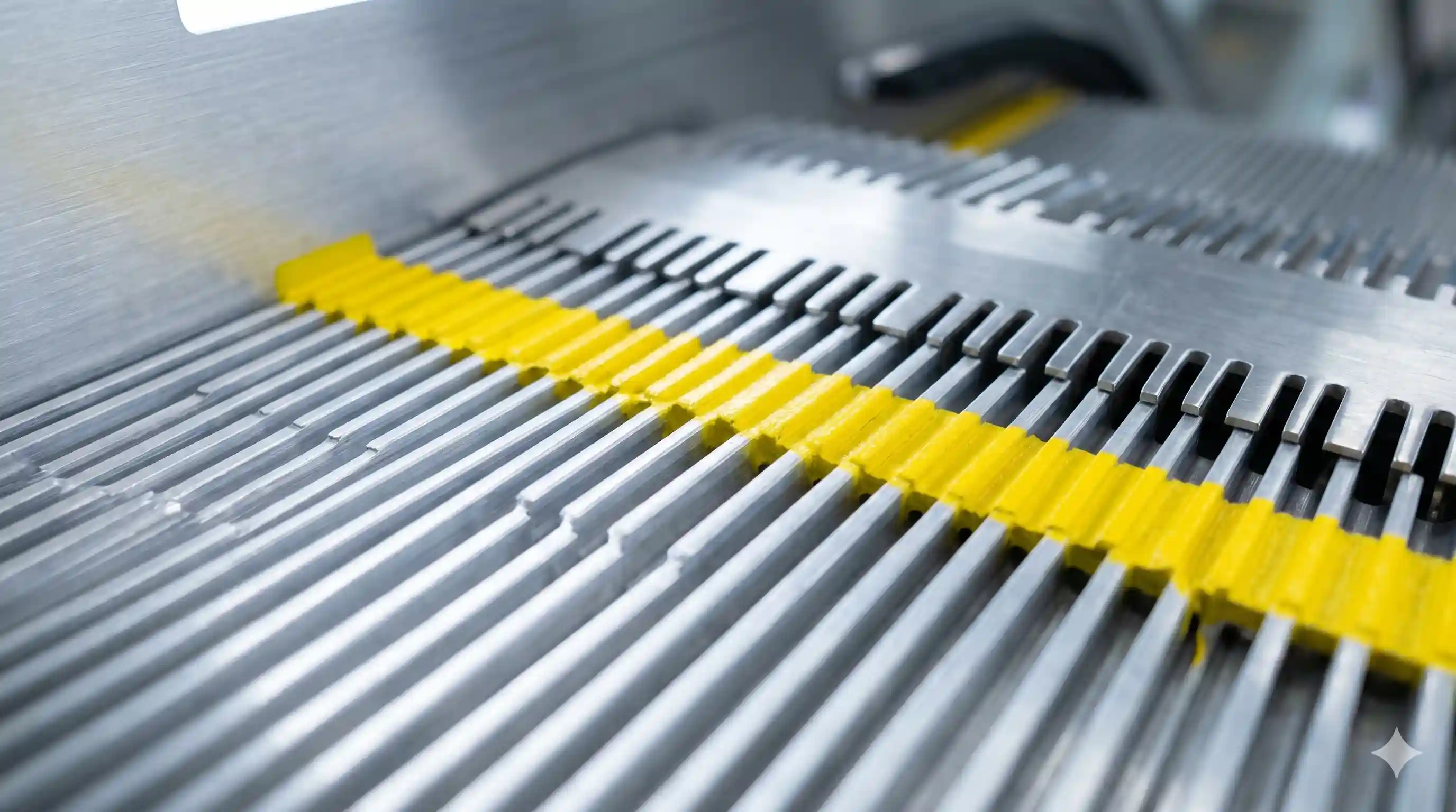 Detail geometris alur anak tangga eskalator aluminium kualitas tinggi yang presisi masuk ke sela comb plate