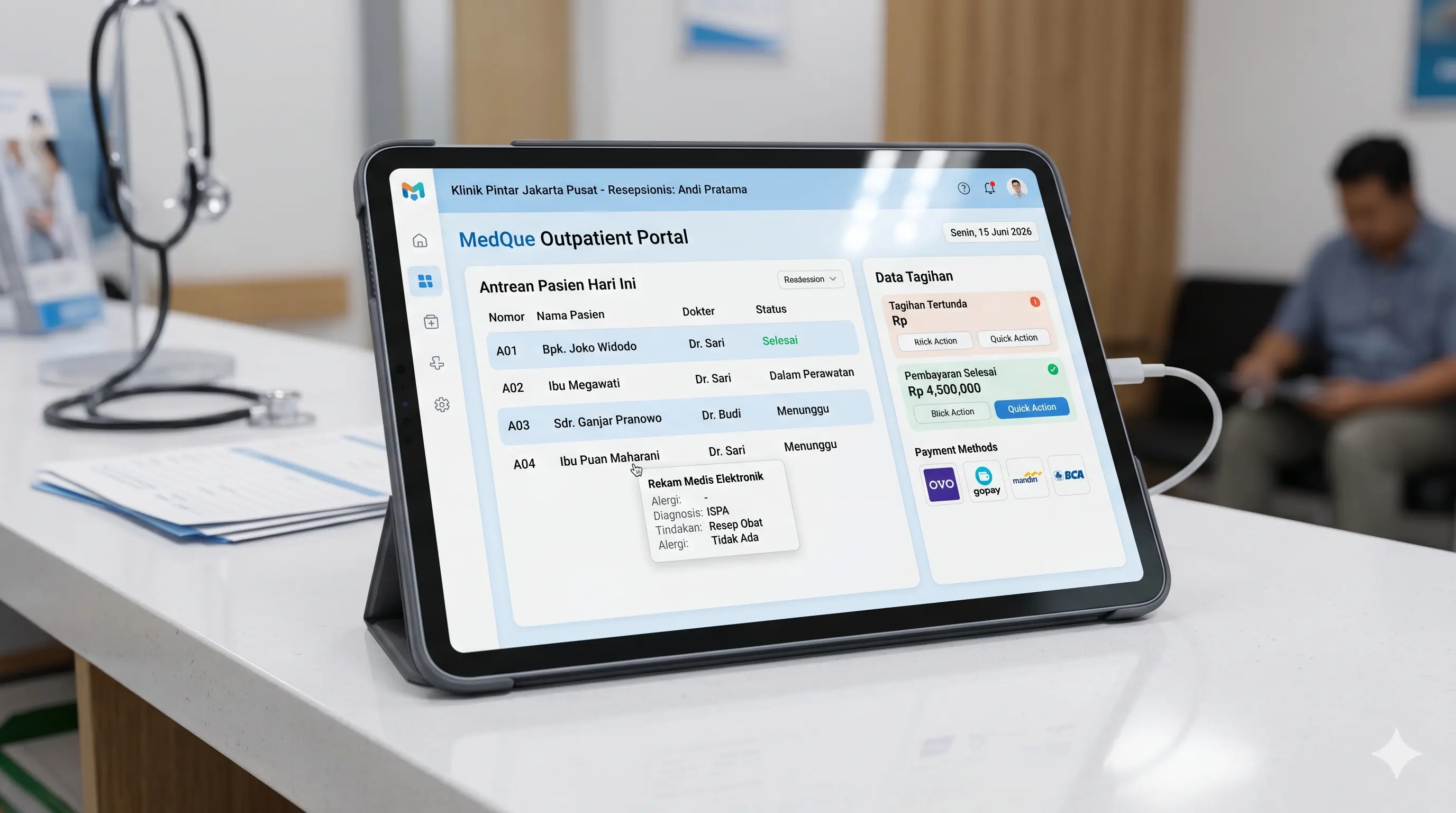 Tampilan antarmuka dashboard Software Klinik Pratama untuk pelayanan rawat jalan yang ringkas dan cepat