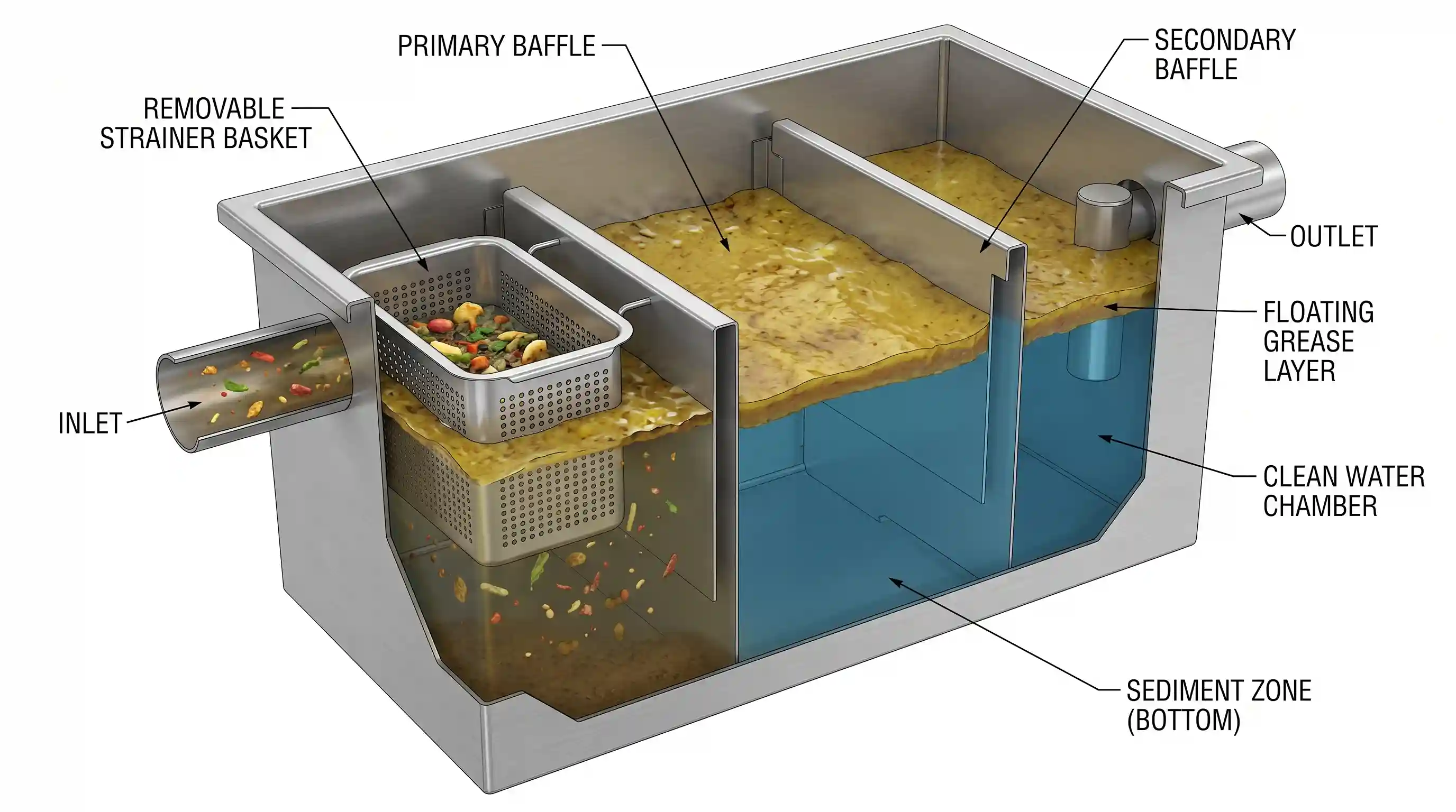 Penampang interior pemisah gravitasi sistem sekat baffle pada grease trap penyaring lemak komersial