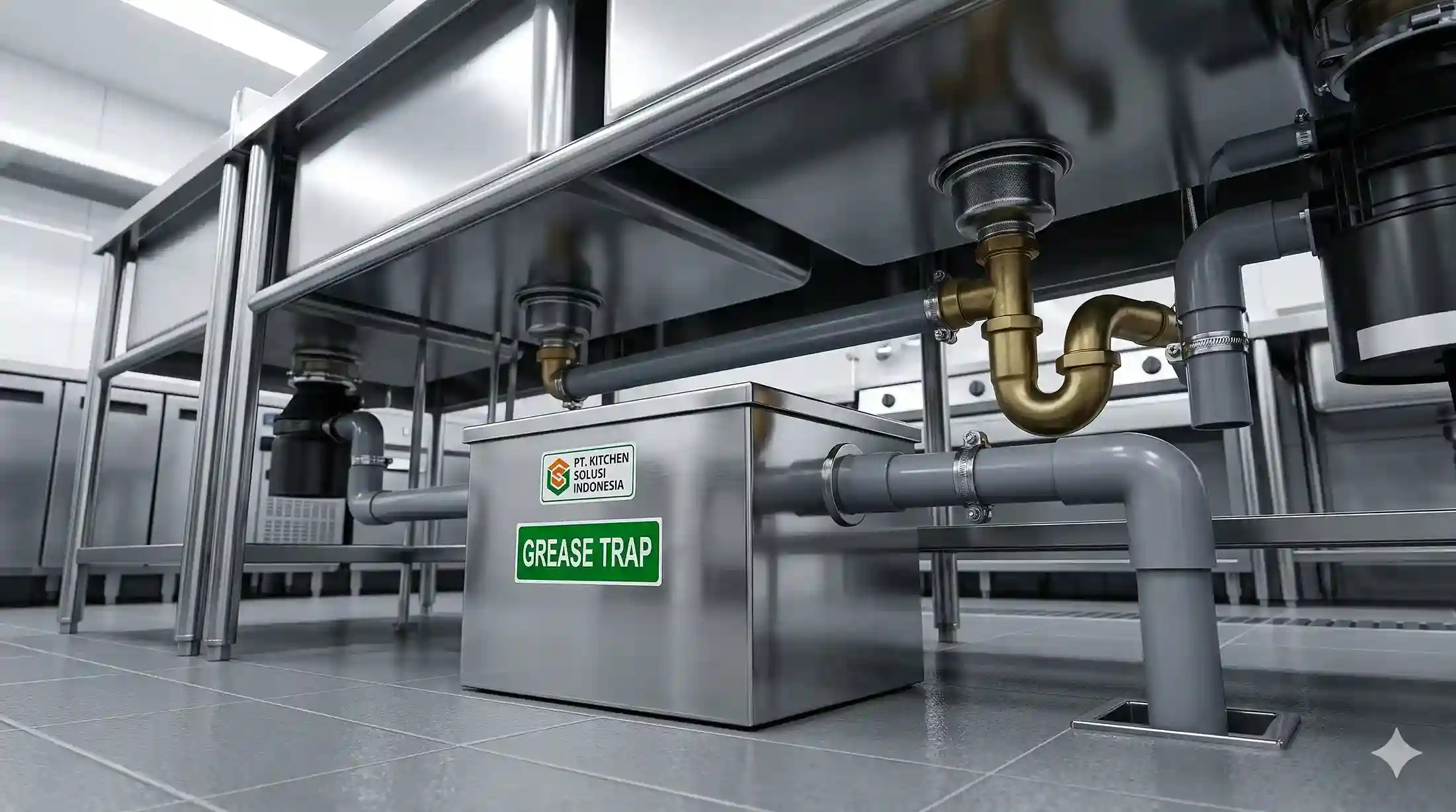 Unit grease trap stainless steel industri dipasang dengan presisi di bawah bak cuci piring dapur restoran