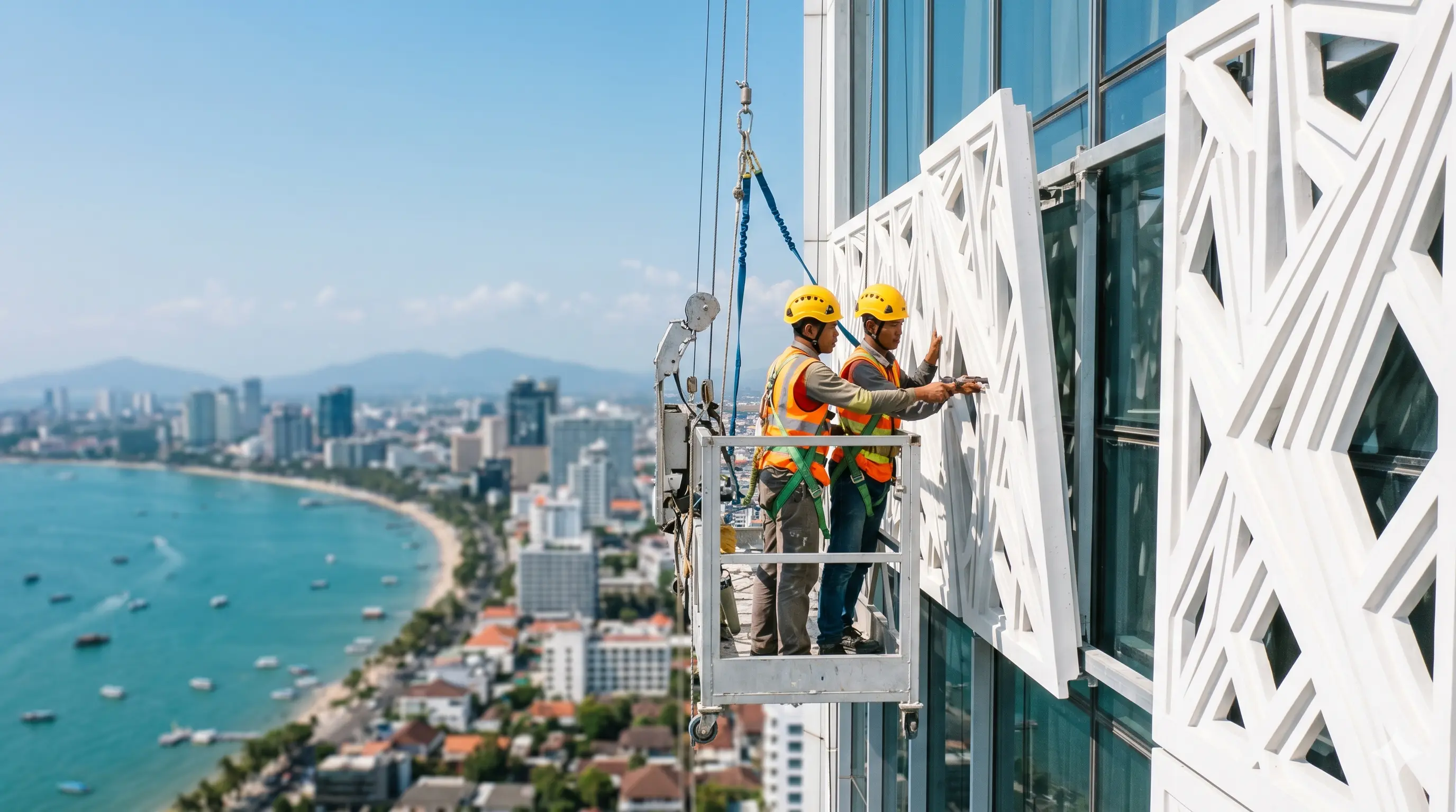 Tim teknisi ahli Amanah Solution melakukan instalasi panel fasad cladding GRC pada gedung komersial bertingkat tinggi dengan mematuhi standar keselamatan kerja K3.