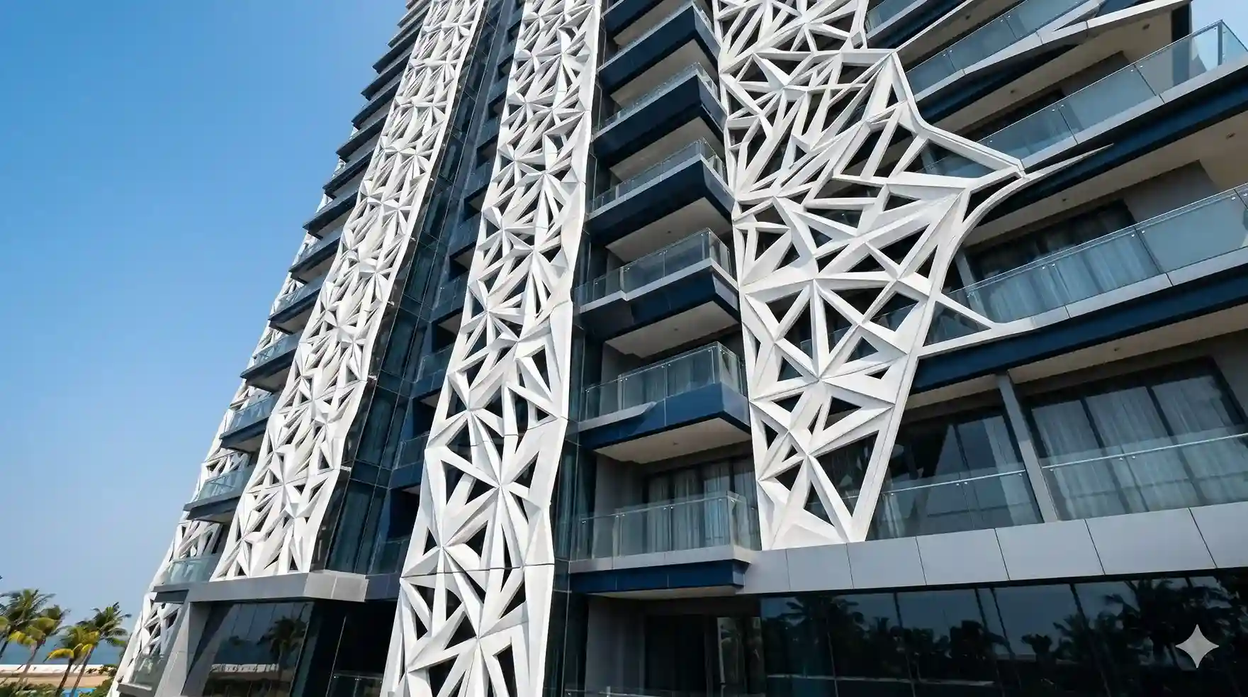 Tampilan kemegahan desain arsitektur fasad GRC pada gedung apartemen bertingkat tinggi di kawasan pesisir Tangerang