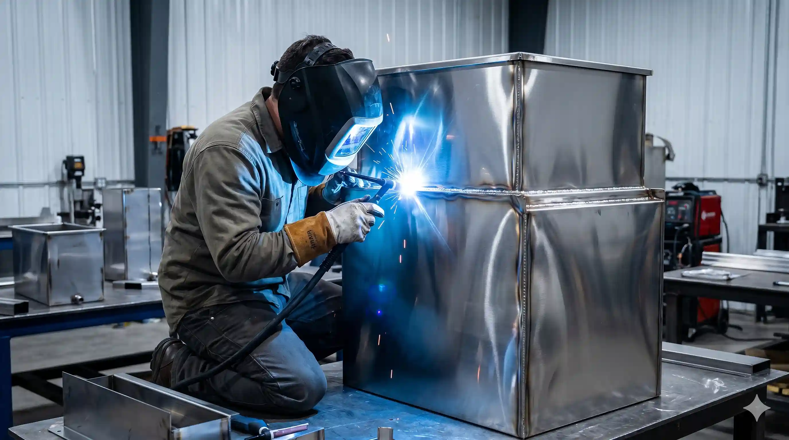 Tim teknisi ahli melakukan pengelasan presisi pembuatan custom wadah grease trap stainless steel komersial