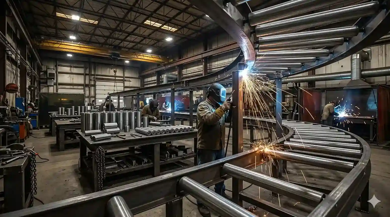 Proses pengelasan presisi sasis besi baja dan perakitan barisan tabung rol konveyor logistik di dalam area workshop fabrikasi
