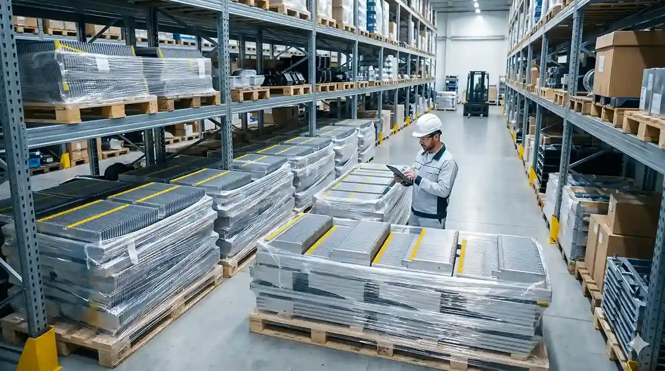 Proses inspeksi akhir ketersediaan stok anak tangga eskalator aluminium kualitas tinggi yang siap dikemas aman