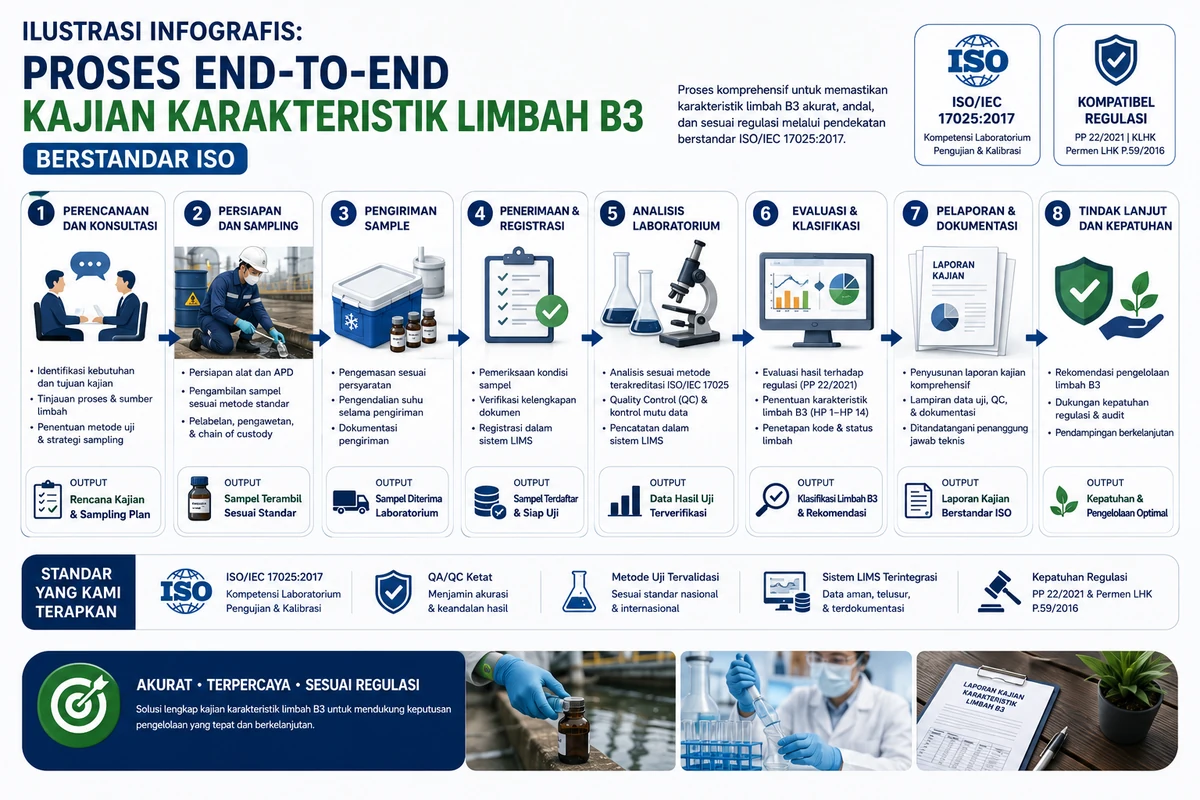 Ilustrasi Infografis: Proses end-to-end kajian karakteristik limbah B3 berstandar ISO