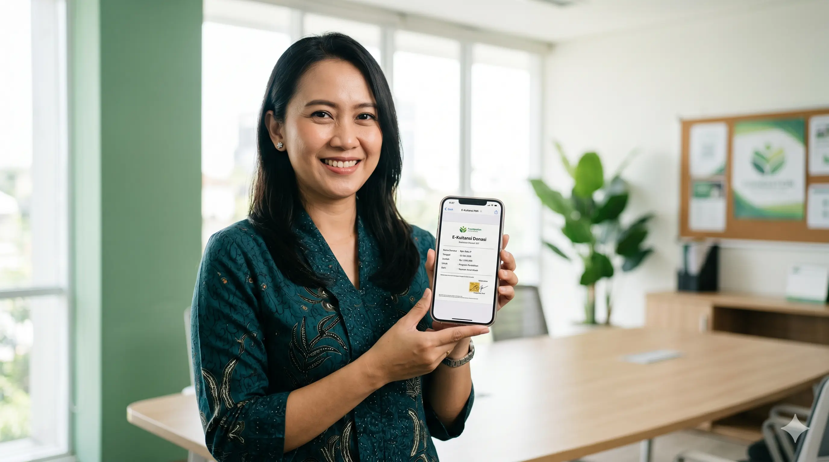 Fitur sistem pencetakan e-kuitansi donasi secara otomatis yang memudahkan bendahara yayasan mengirimkan bukti tanda terima kepada donatur via smartphone.