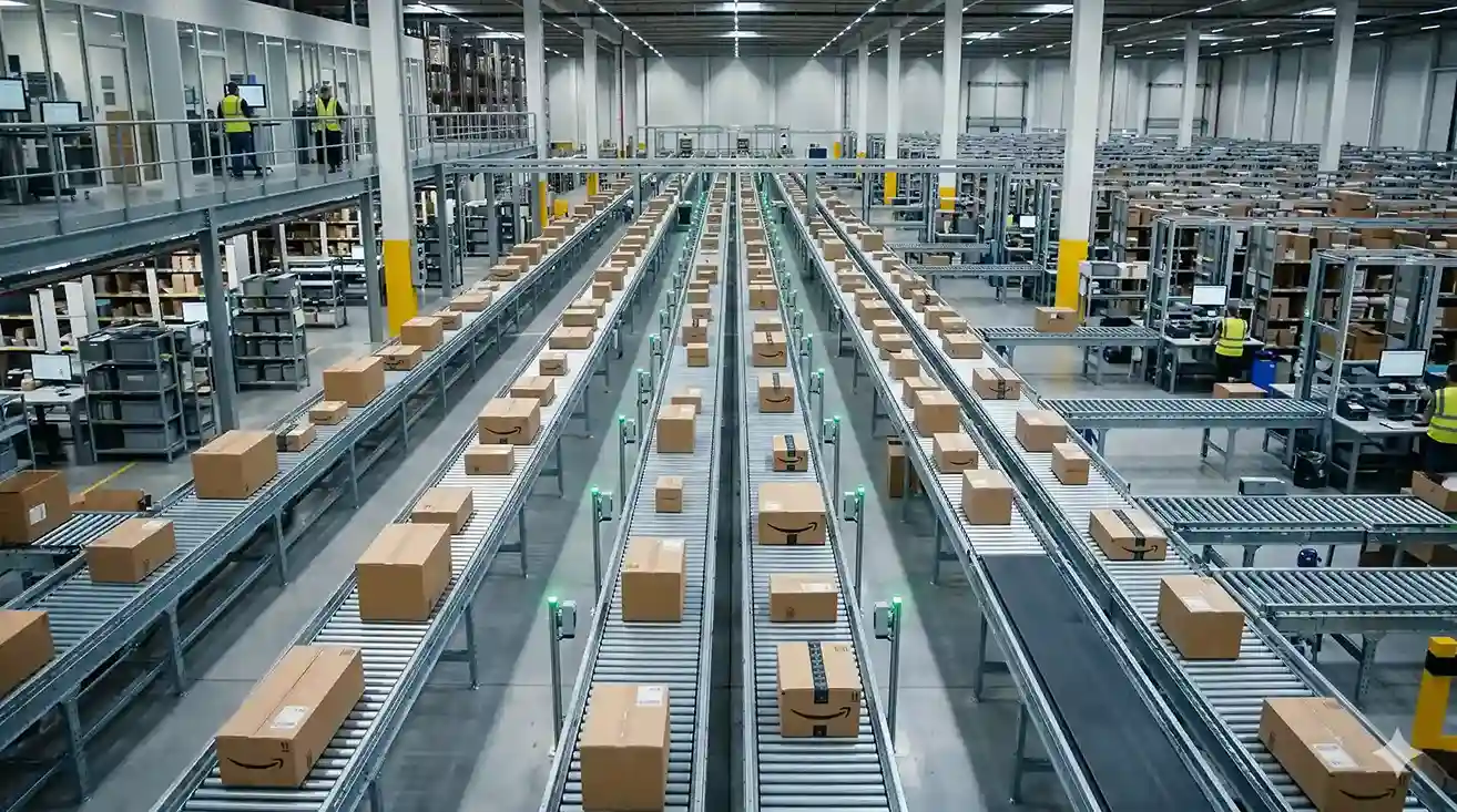 Sistem lintasan roller conveyor otomatis heavy duty memindahkan ribuan boks logistik di dalam gudang pusat distribusi