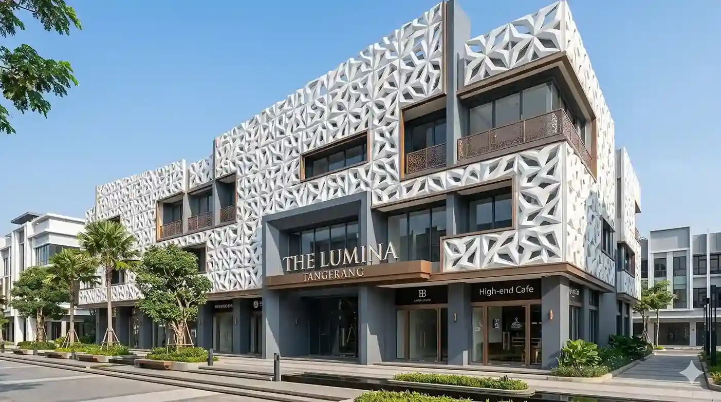 Sub-kontraktor fasad GRC profesional menggarap proyek instalasi panel estetika pada deretan ruko premium di Tangerang dengan desain arsitektur mewah.