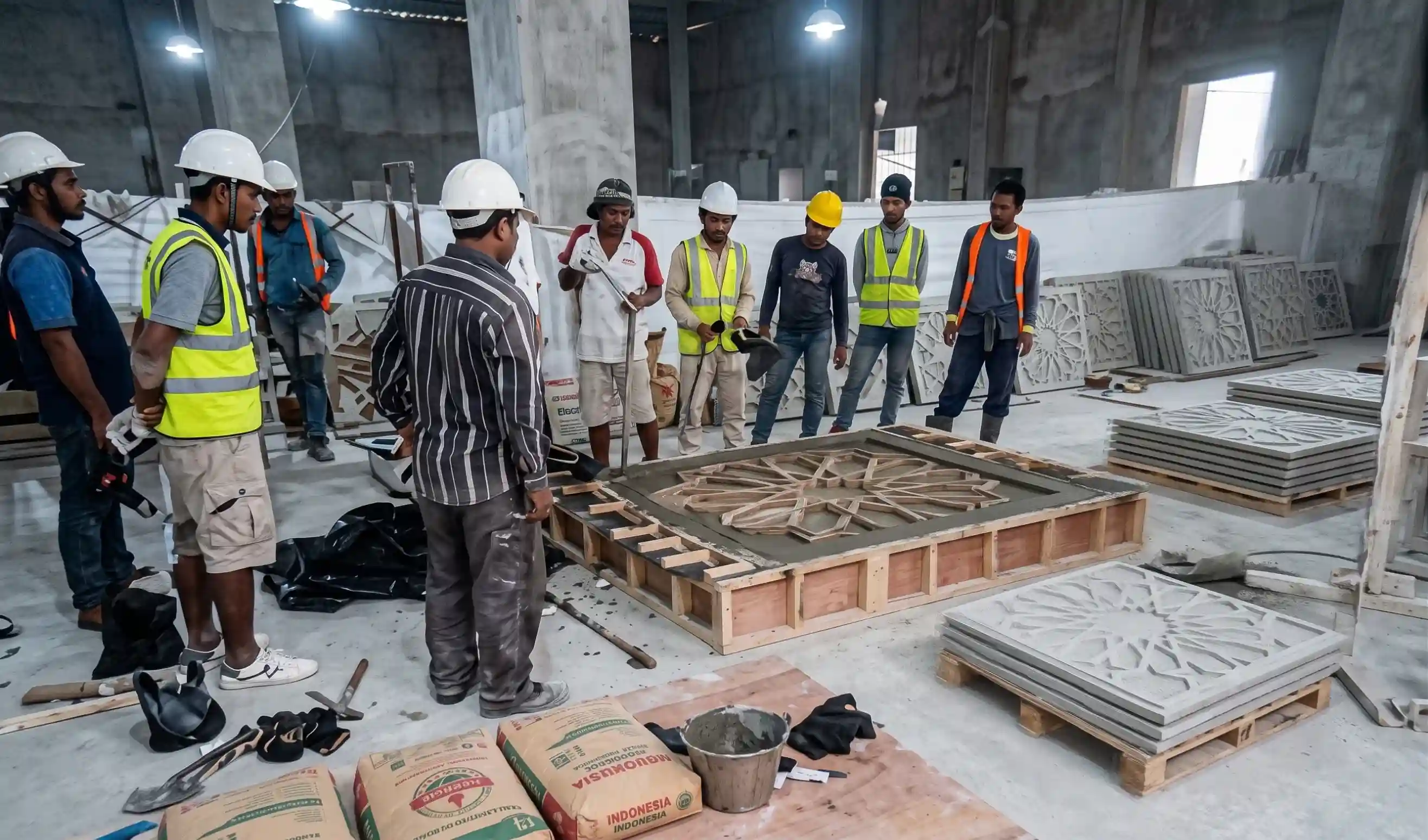 Proses pabrikasi panel GRC di workshop produsen
