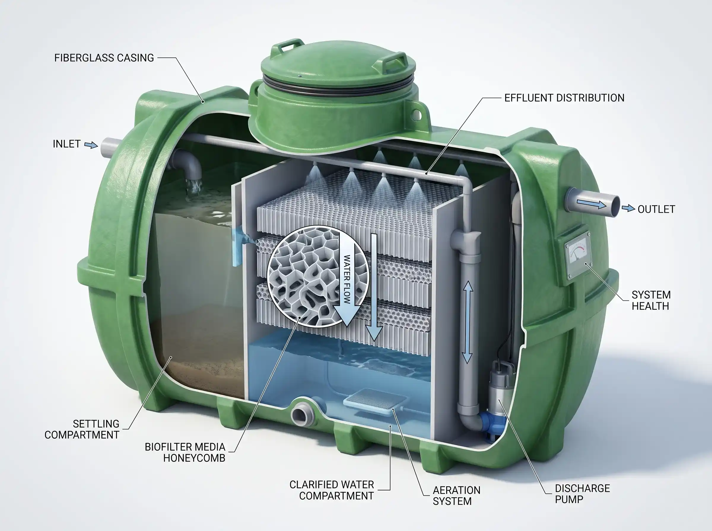 Diagram proses pengolahan limbah domestik menggunakan media biofilter pada septic tank