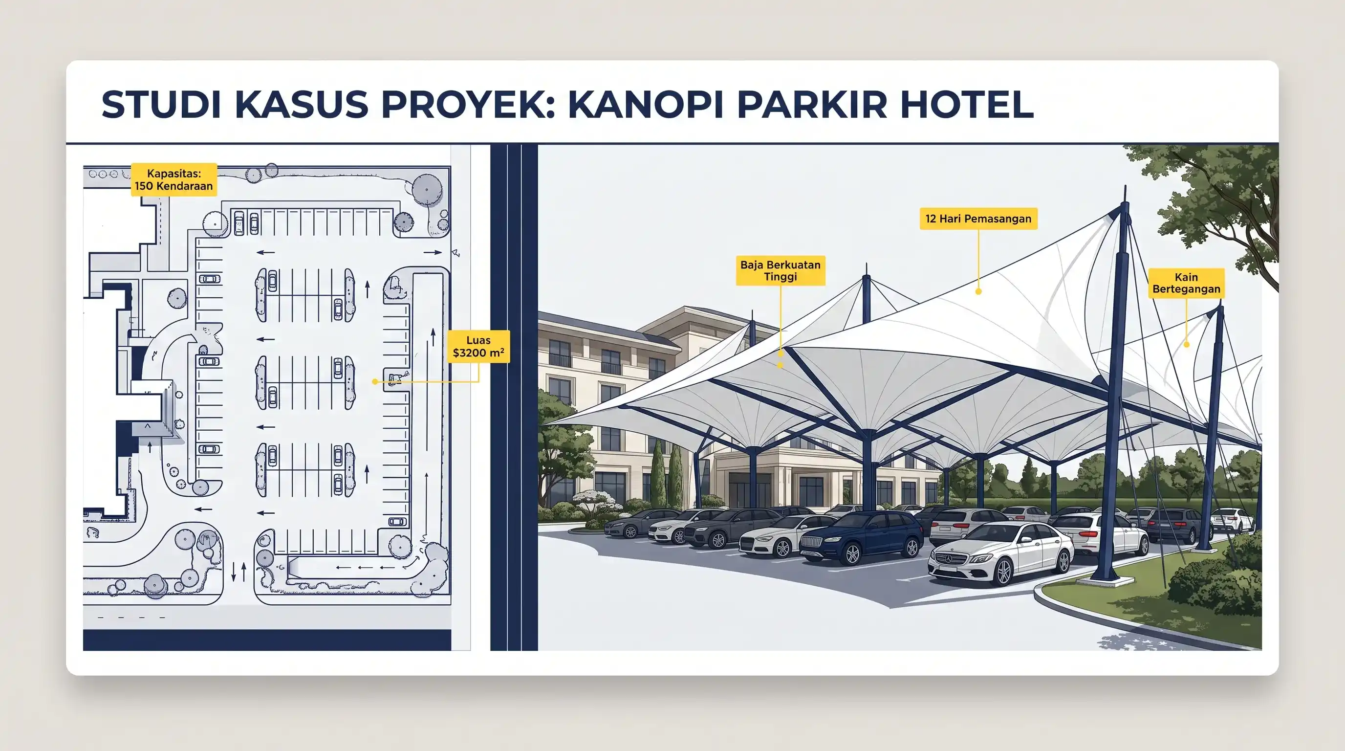 Ilustrasi studi kasus instalasi Kanopi Area Parkir (denah & foto)